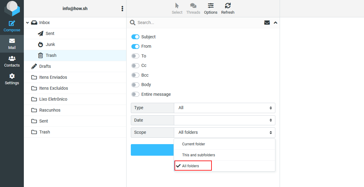 Image to show you where to select all folders in the advanced searching options with the purpose of showing you how to search for email messages in RoundCube.